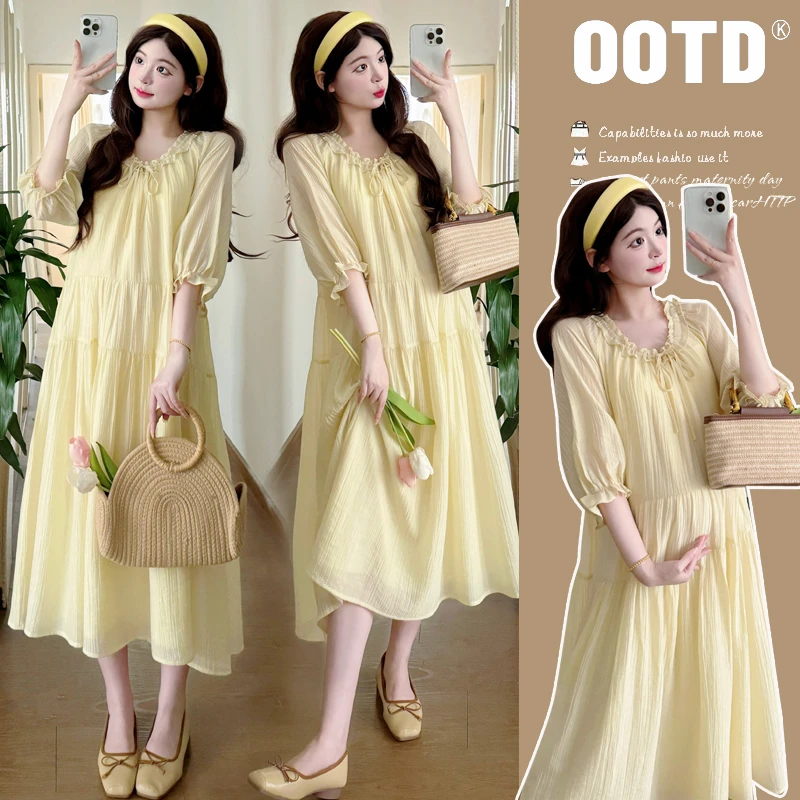 { 糕糕 }孕妇装2025夏季新款孕妇装夏素色简约气质长款绑带连衣裙
