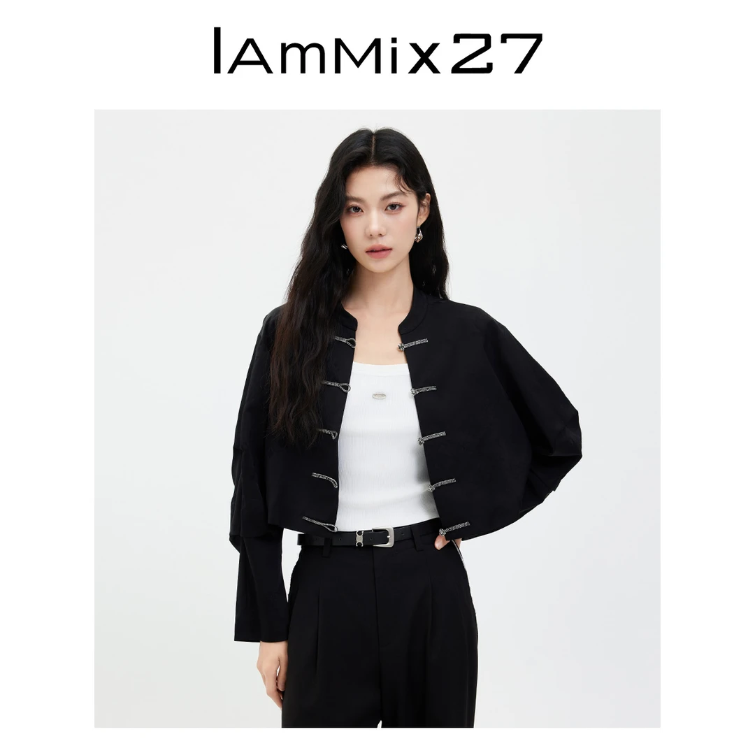 Iammix27春秋中国风外套短款黑色复古小众新中式盘扣立领M4C3421
