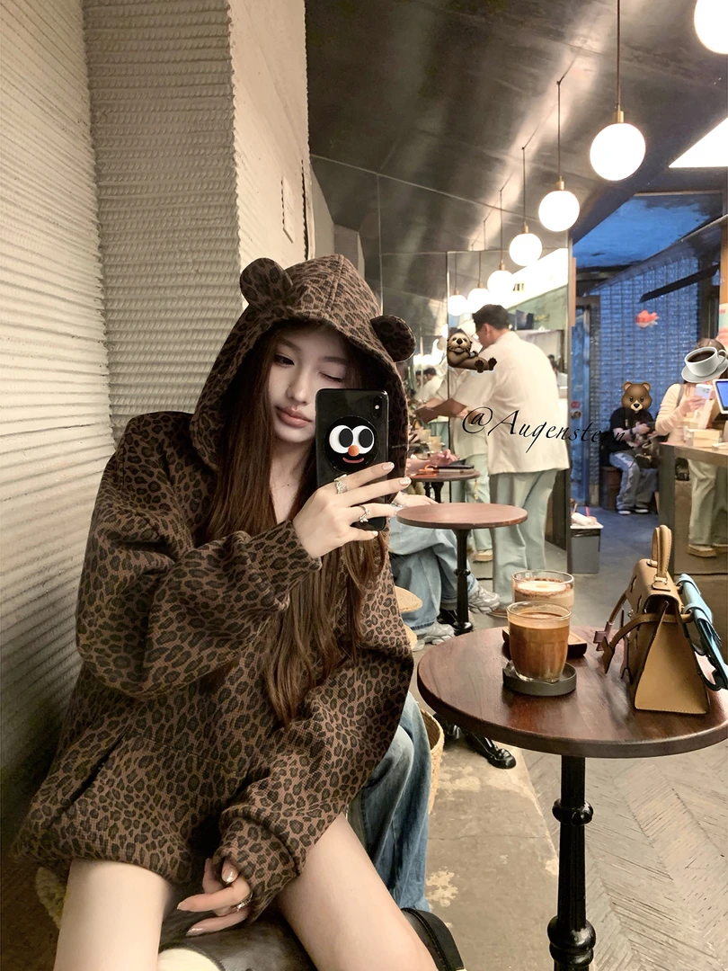 【原野豹豹】2025秋季新款小豹耳朵 奥粒绒拉链/套头豹纹连帽卫衣女