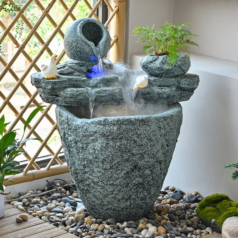 新中式禅意复古循环流水生态鱼缸田园庭院家居阳台布置装饰摆件