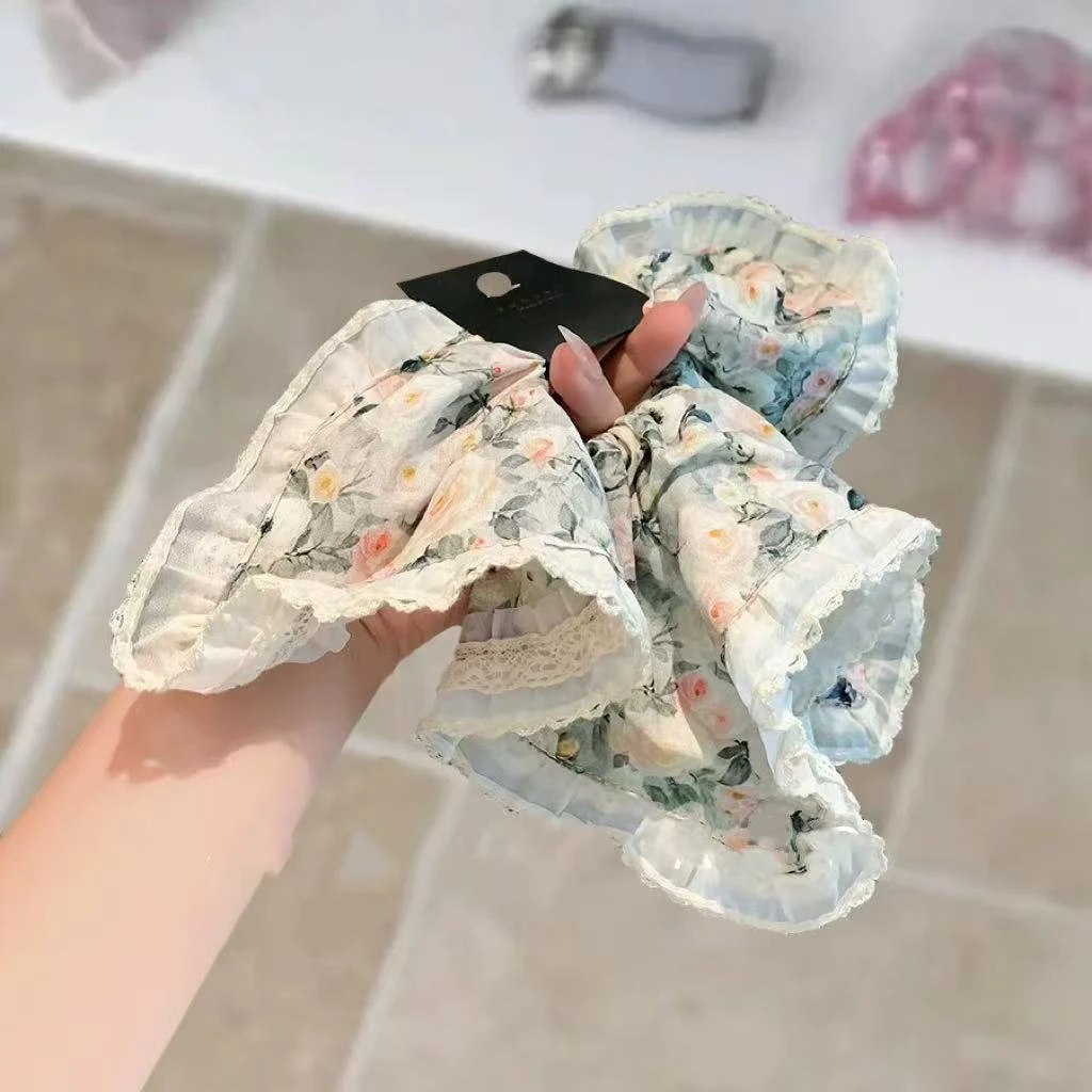 法式田园风扎染花朵发圈韩系气质蕾丝扎马尾方巾发圈韩版超仙百搭
