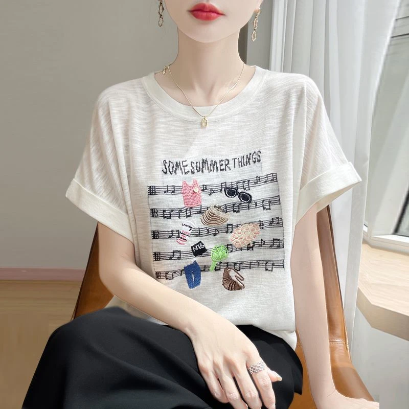 竹节麻五线谱字母刺绣短袖t恤女夏季新款宽松显瘦时髦减龄上衣薄