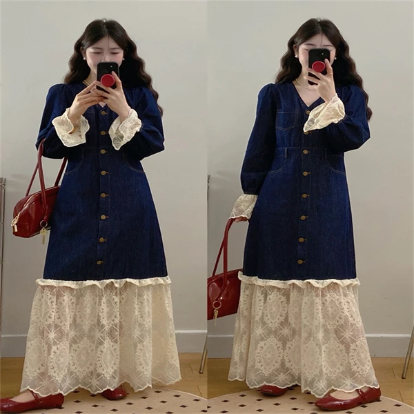 大码春季新款法式复古牛仔气质收腰长袖蕾丝拼接泡泡袖长裙