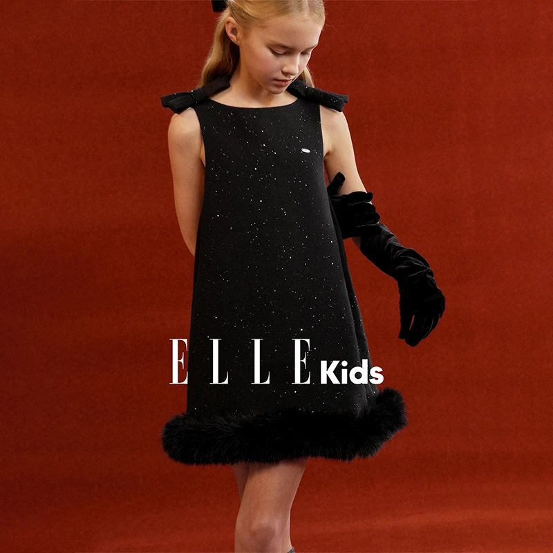 ELLE KIDS童装 亮闪呢料背心裙女童冬季新年系列连衣裙送蝴蝶结D6
