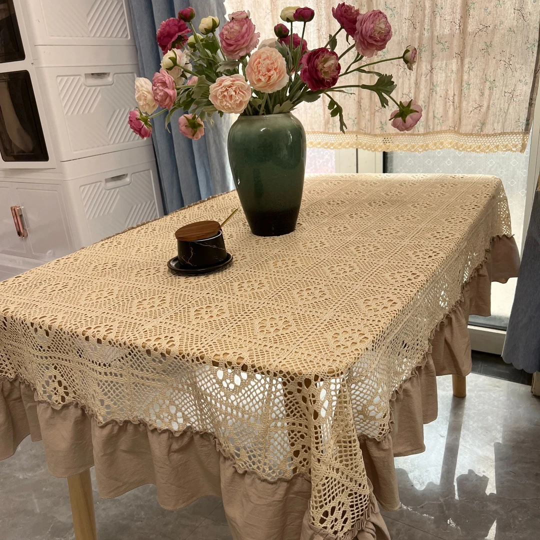 兰兰专属LY2445田园文艺原创蕾丝拼接荷叶边布艺餐桌茶几盖布