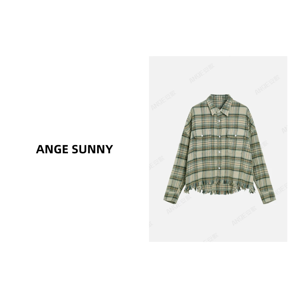 ANGE SUNNY【庄达菲同款 13格纹衬衫】磨毛口袋复古撞色流苏边上衣