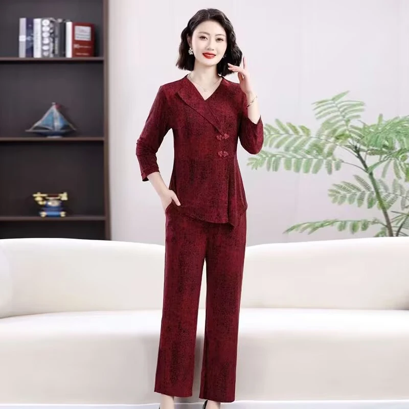 2025春夏新款气质西装翻领时尚妈妈装套装两件套