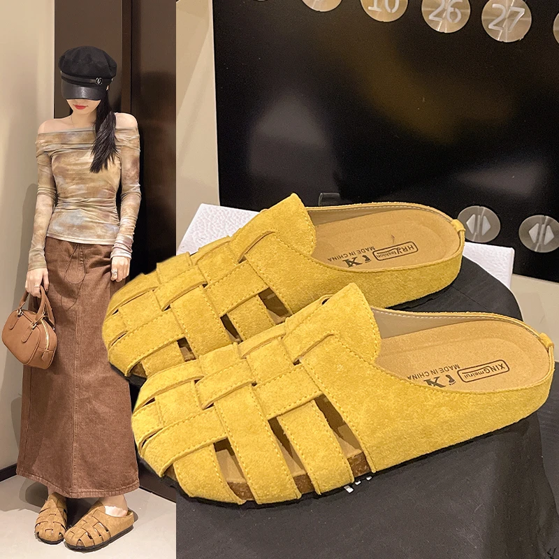 外穿包头半拖鞋女2025夏孕妇平底透气编织凉拖懒人一脚蹬穆勒潮