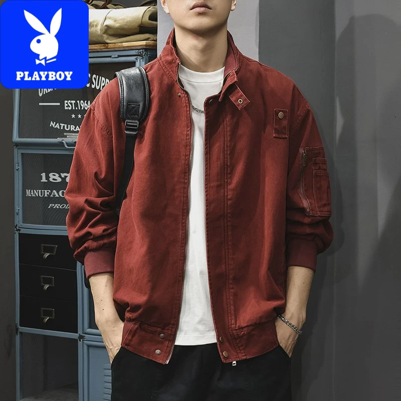 花花公子春秋新款美式户外工装夹克男宽松立领纯棉春季复古猎装休