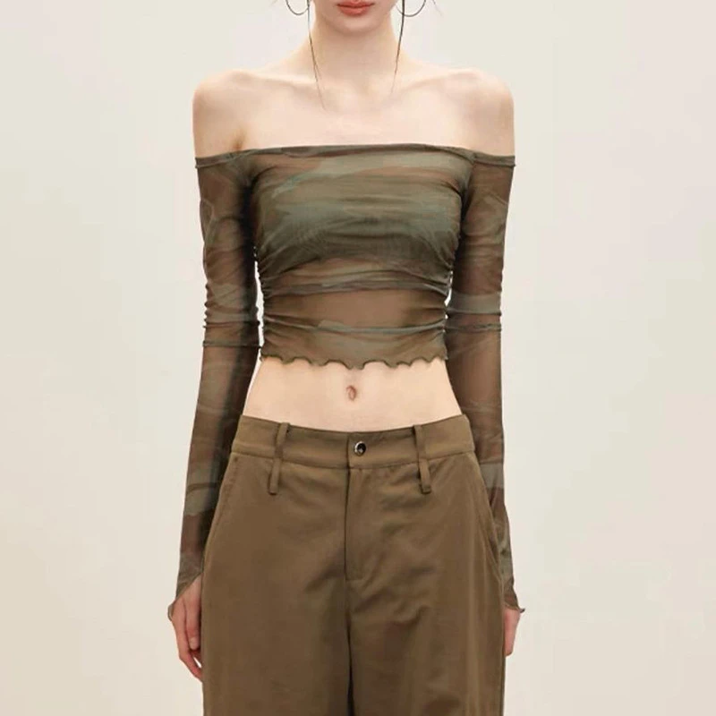 伊莉雅扭结一字肩网纱上衣 韩系简约INS个性一字肩T恤YL24199MHO