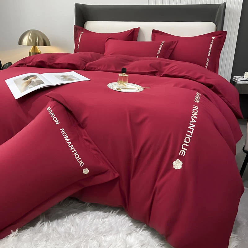 水星高端家纺简约红色结婚床上用品四件套婚嫁被套床单婚庆被子床