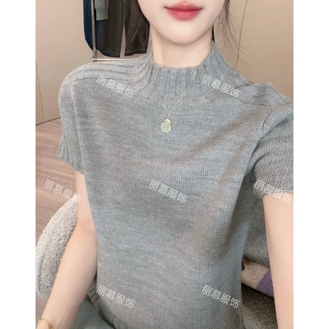 【竖条短袖】纯色小个子春季新款竖条短袖针织衫T恤1303