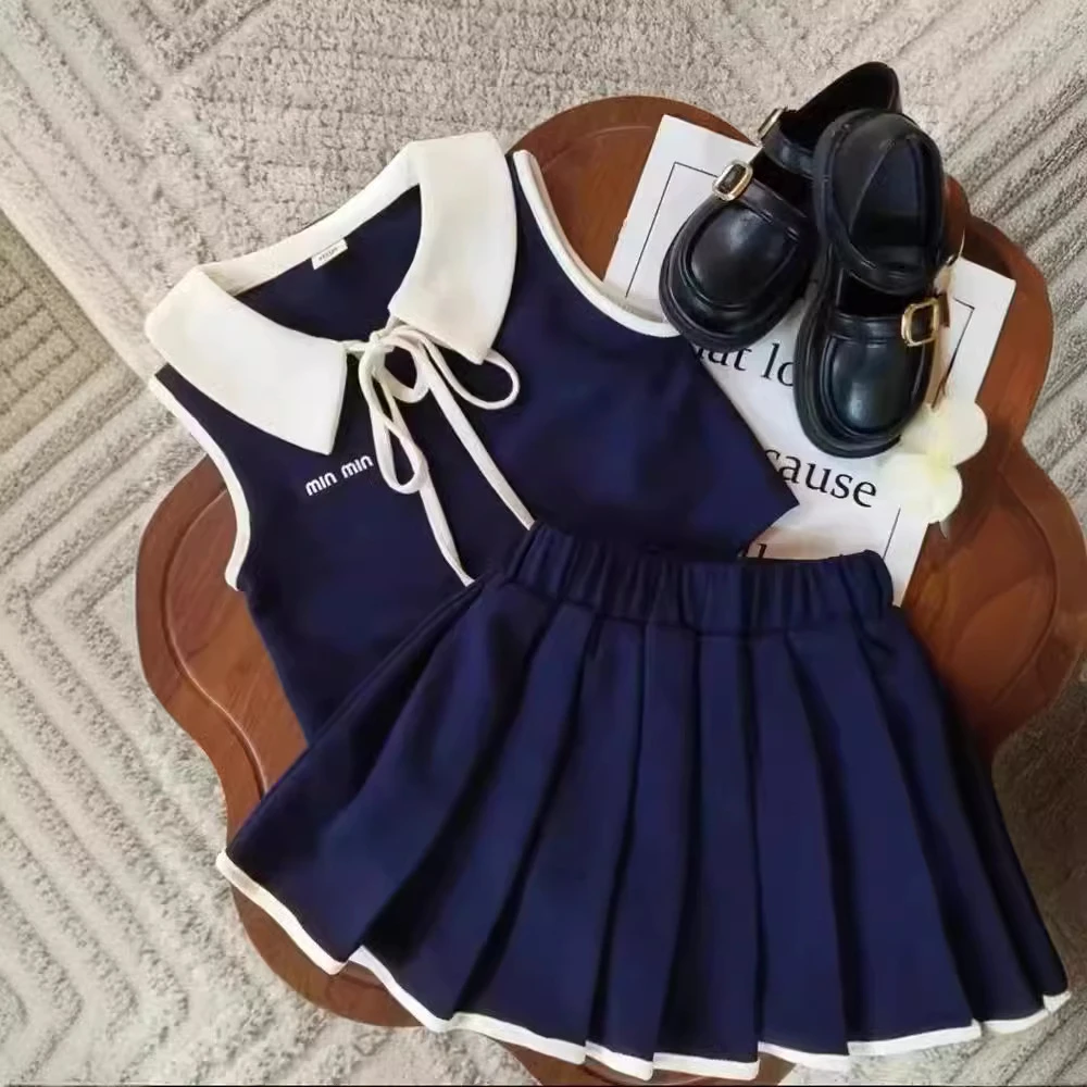 女童夏季套装新款无袖polo背心时髦百褶裙学院风套装爆款