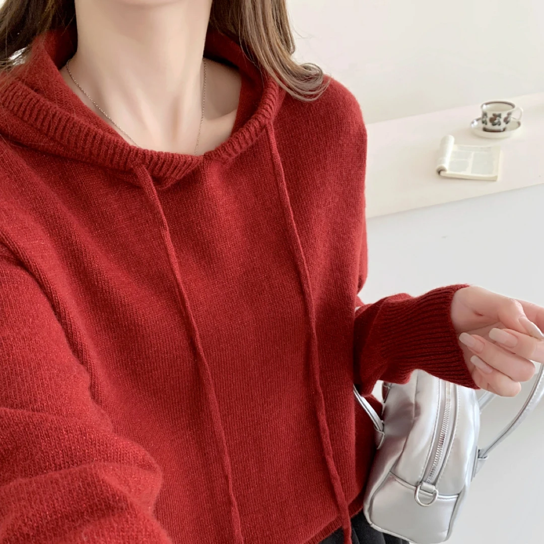 连帽针织衫女秋冬韩版宽松显瘦设计感小众减龄百搭毛衣上衣