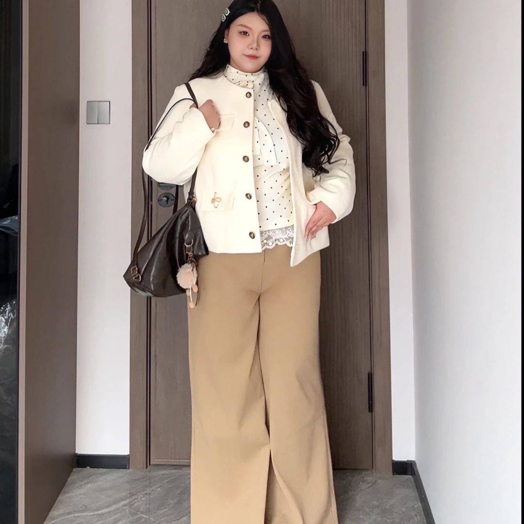 大码复古小香风宽松百搭短上衣直筒裤套装