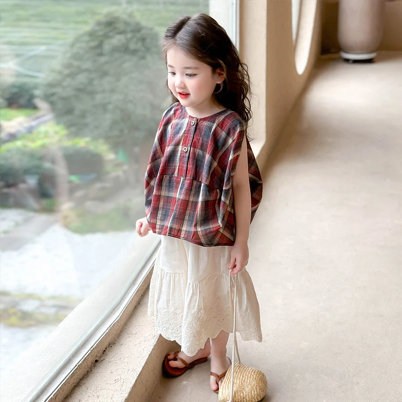夏季女童套装森系格子套装无袖衬衫娃娃衫儿童洋气半身裙两件套潮