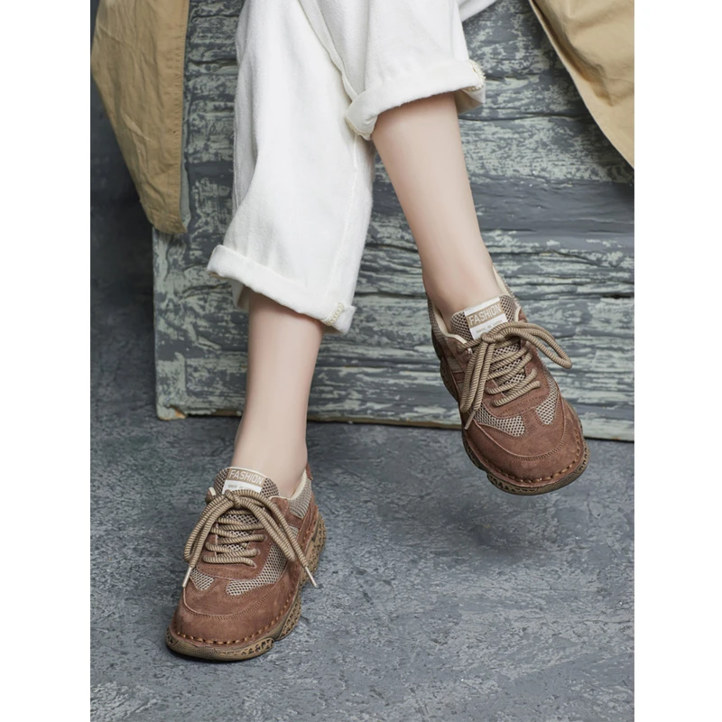 2025（C4）春季新款真皮圆头系带平跟休闲厚底透气老爹鞋2505-1