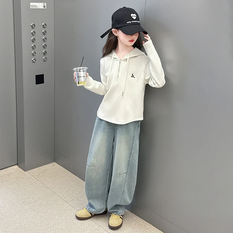 女童套装春装6-12岁儿童韩版洋气时尚中大童春季连帽卫衣两件套潮