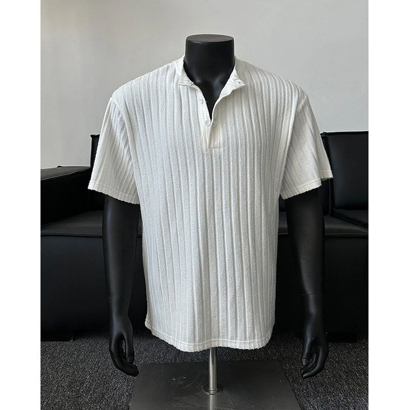 肌理感亨利领T恤新款美式复古老钱风垂感短袖高级感潮牌痞帅半袖