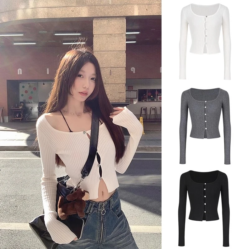 纯欲辣妹小众镂空针织开衫女2025春季设计感短款显瘦长袖上衣T恤