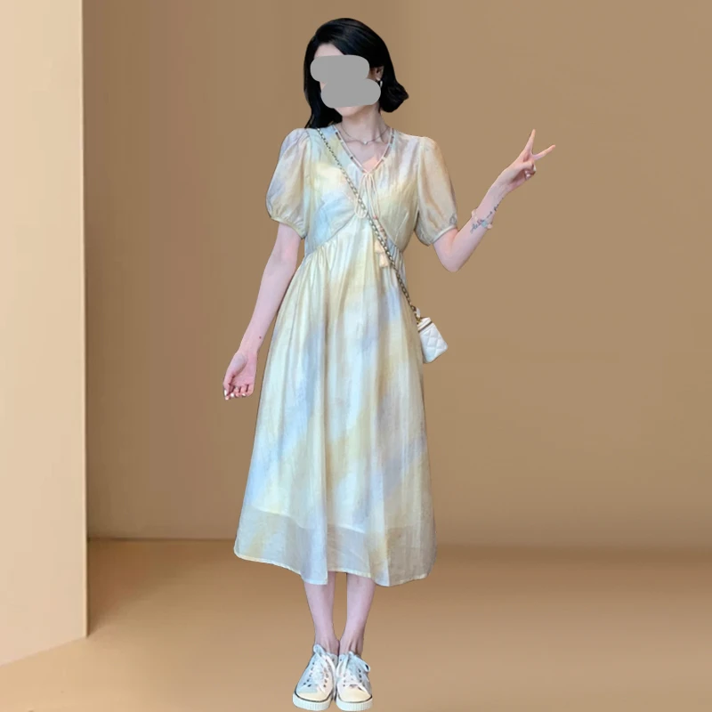 法式气质扎染泡泡袖连衣裙女夏季2025新款长裙冷淡系独特别致裙子