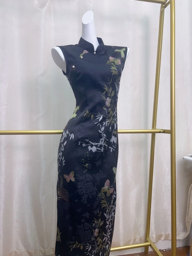 V-3130 蝶穿花 软锦提花 无袖新中式夏款年轻款改良旗袍120cm长款