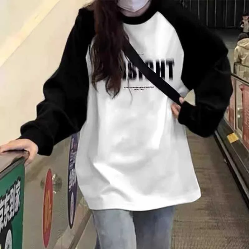 300斤胖mm撞色插肩长袖t恤女2025新款春秋季上衣港风宽松打底衫潮