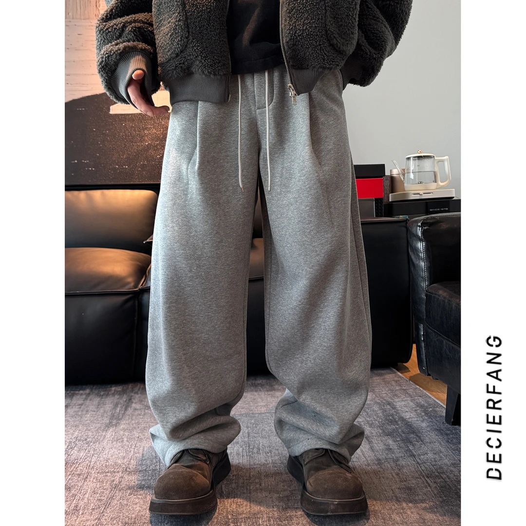 双掐褶加绒加厚休闲裤男冬季新款重磅高街潮牌直筒阔腿百搭长裤潮
