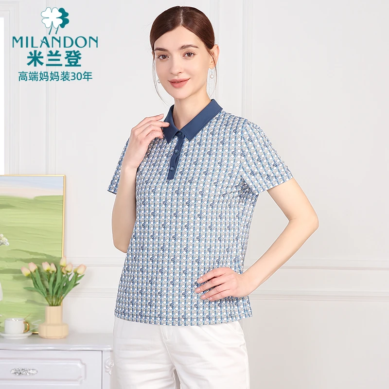 MILANDON/米兰登2025夏季Polo领时尚女透气印花短袖T恤1Q2T1158X