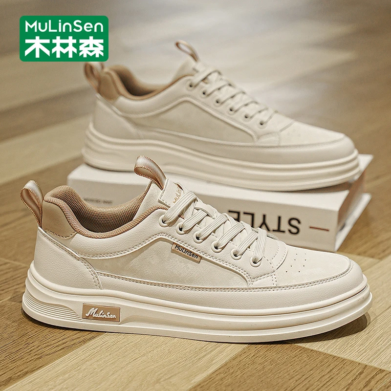 木林森男鞋2025新款秋季小白鞋男款百搭低帮厚底耐磨工作休闲板鞋