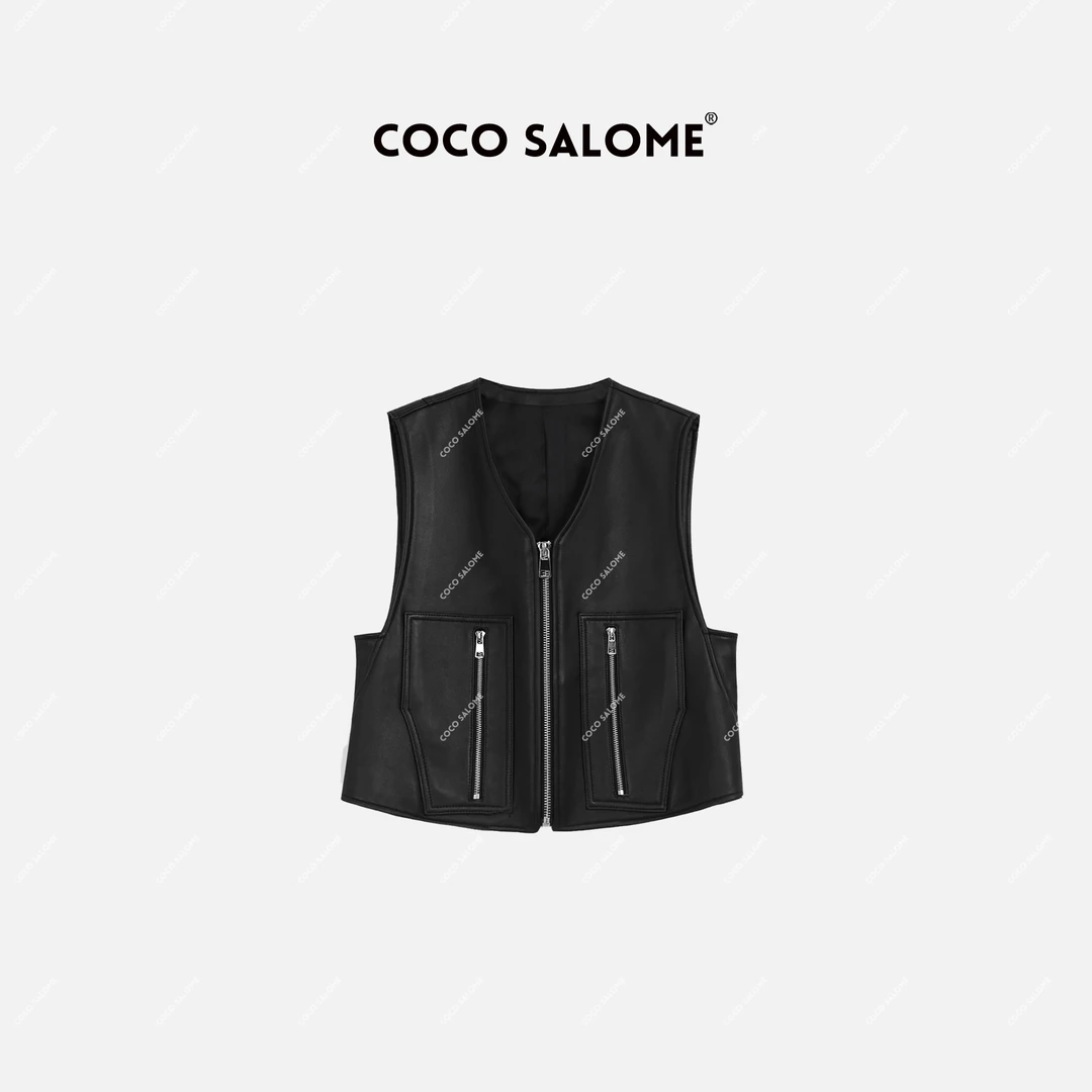 韩彬彬"继承者"早春外穿轻奢黑色无袖女款V领显瘦羊皮马甲4010-10