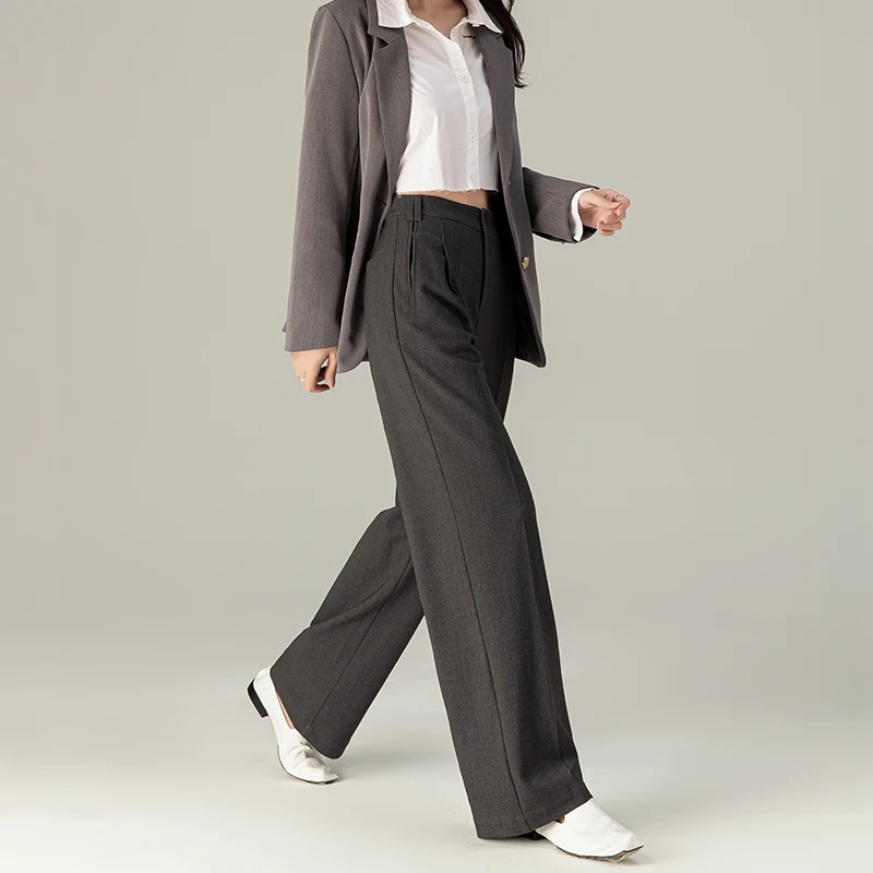 84371-1灰色天丝绵羊毛窄版西装裤2025春垂感宽松显瘦阔腿裤女