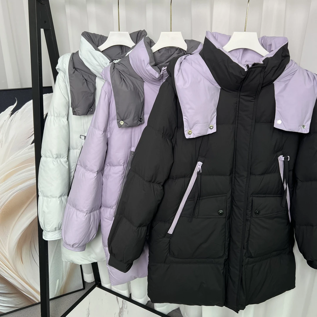 【瑞娜依莲】中长款大码时尚拼色冬季连帽羽绒服-9013