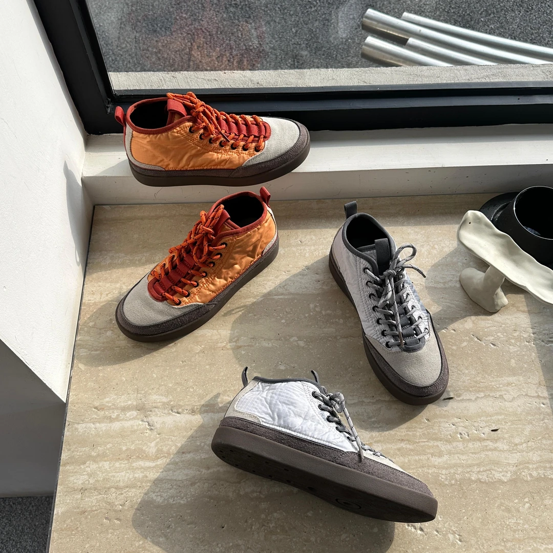 “休闲英伦”舒适脚感中高帮橙色拼接洗水帆布鞋极简户外休闲鞋女款