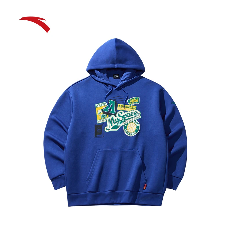 安踏休闲套头卫衣男冬季新款字母印花加绒宽松圆领打底衫运动上衣