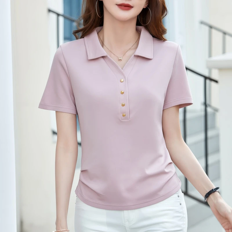 polo白色正肩短袖t恤打底女装2025年新款上衣设计感夏季粉色小衫