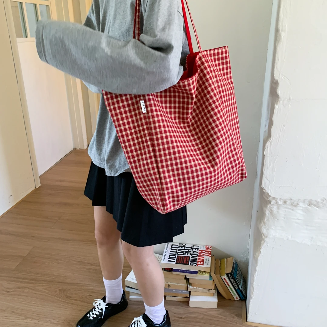 312双面背简约韩系格子大容量ins帆布包女通勤上课百搭托特单肩包
