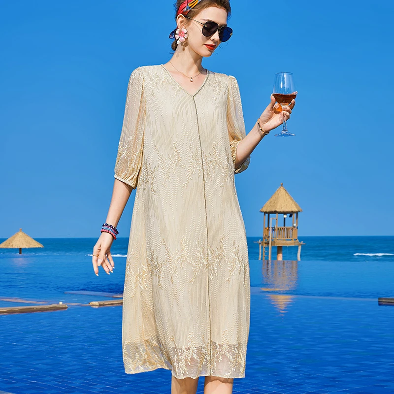 【敏洋纯专属】E8020刺绣连衣裙春夏新款高级绣花v领真丝裙子女