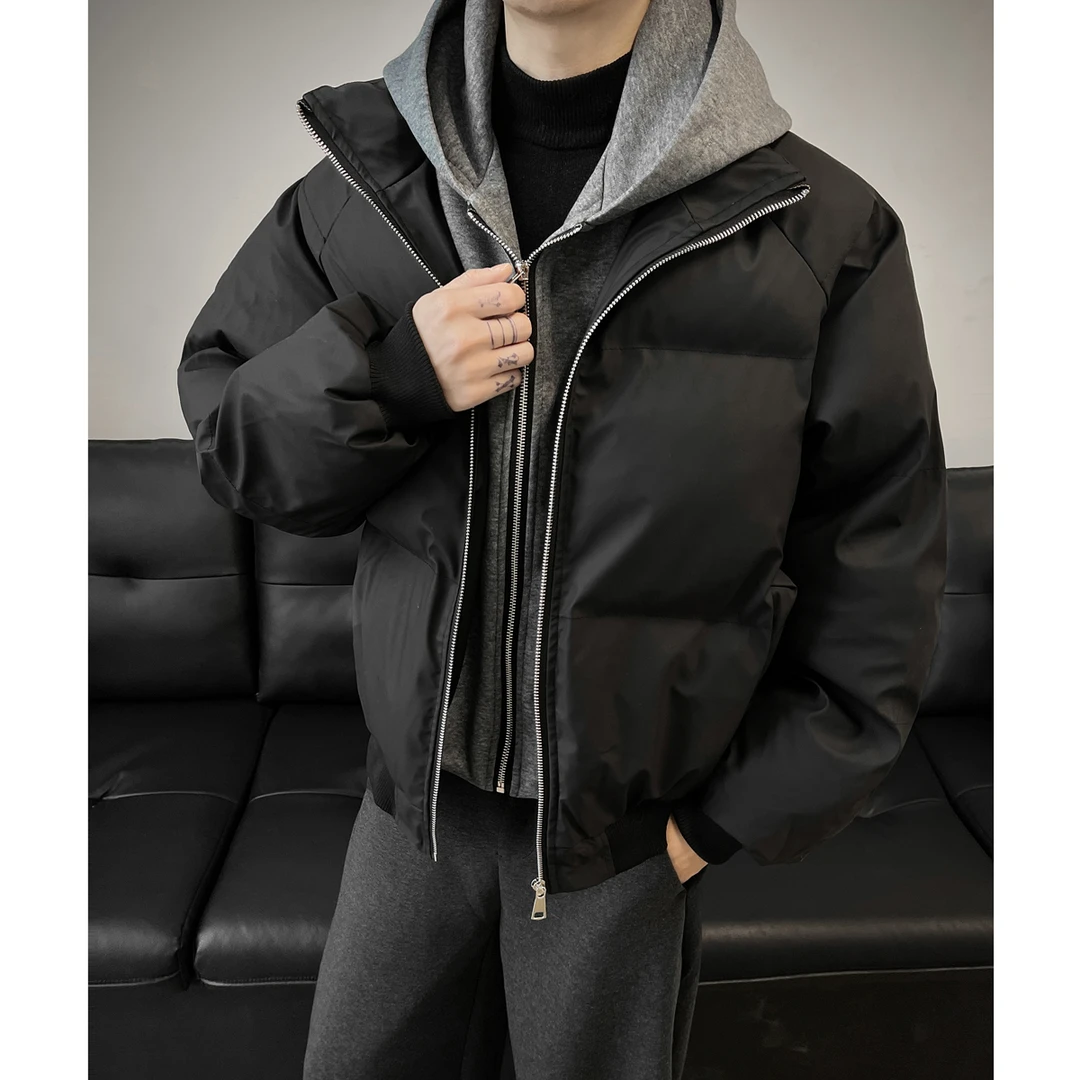 潮牌-【现货假两件】冬季连帽PU皮双拉链加厚棉服男宽松保暖棉衣