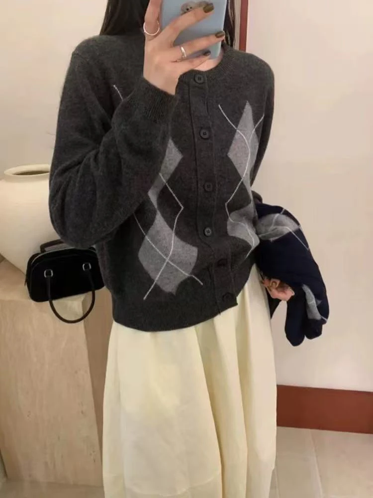 菱形提花开衫女新款时尚简约针织衫上衣外套女9118