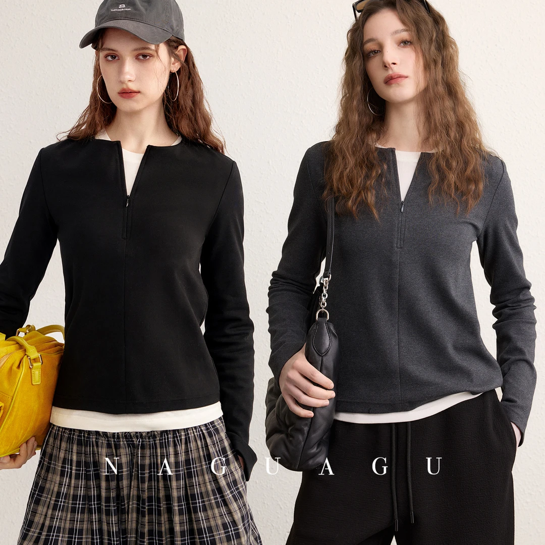 【Lu系机能T】Q弹空气层面料 拉链半襟休闲长袖T恤早春上衣女