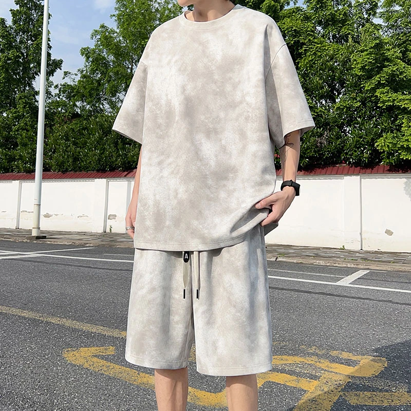 JG军格夏季重磅美式扎染短袖短裤套装2025男生休闲废土风穿搭帅气