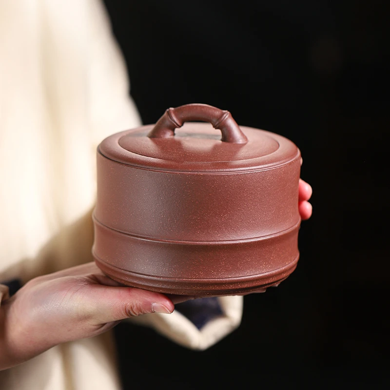 原矿紫砂茶叶罐小号半斤装竹节普洱家用醒茶罐陶瓷散茶密封存储罐