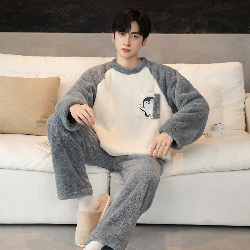 秋冬季睡衣男款珊瑚绒长毛绒加厚简约保暖2025年新款家居服两件套