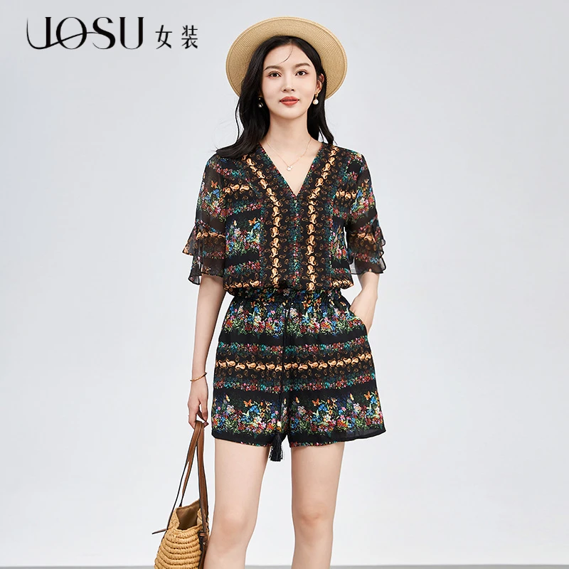 UOSU女装法式度假风显瘦收腰百搭时尚轻奢减龄氛围感印花连体短裤