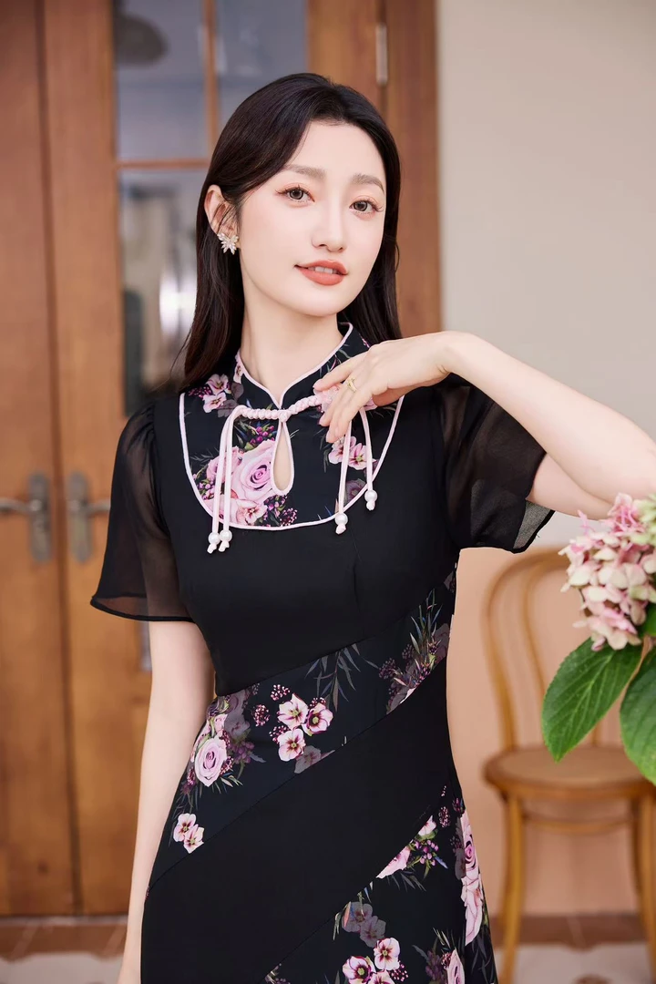 05印花刺绣植物花卉斜襟鱼尾裙旗袍夏季修身气质