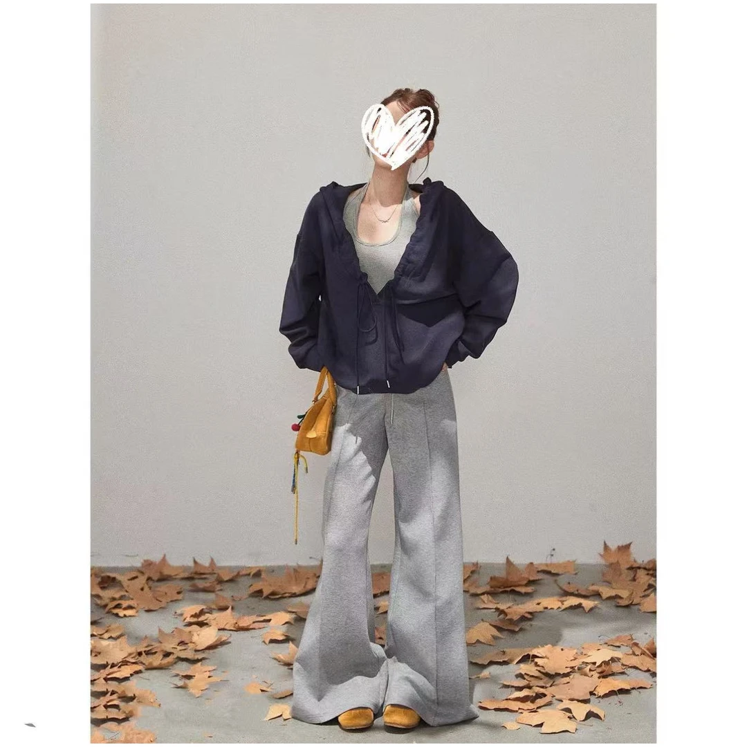 大码女装早秋新款卫衣慵懒风薄款休闲风秋季性感风长袖连帽套装
