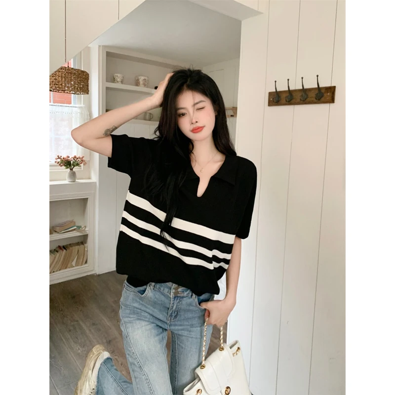大码Polo领条纹冰丝短袖T恤女夏季新款胖mm宽松遮肚显瘦百搭上衣