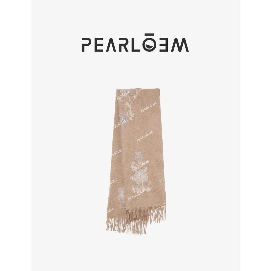 PEARLOEM 进口羊毛重工刺绣花朵高级感软糯时尚新中式围巾SS168