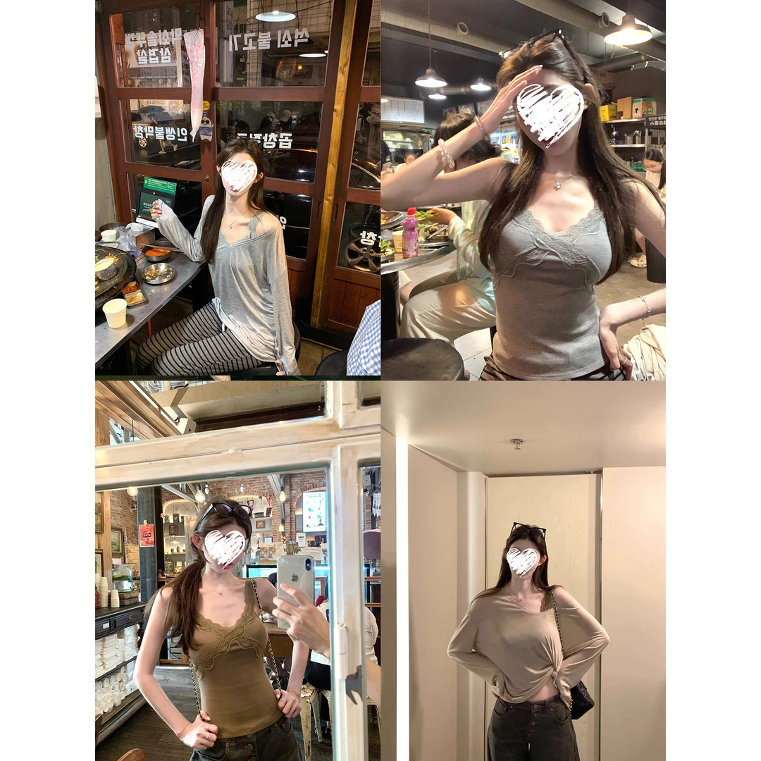 宽松薄款防晒长袖少女T恤+蕾丝吊带背心 60313